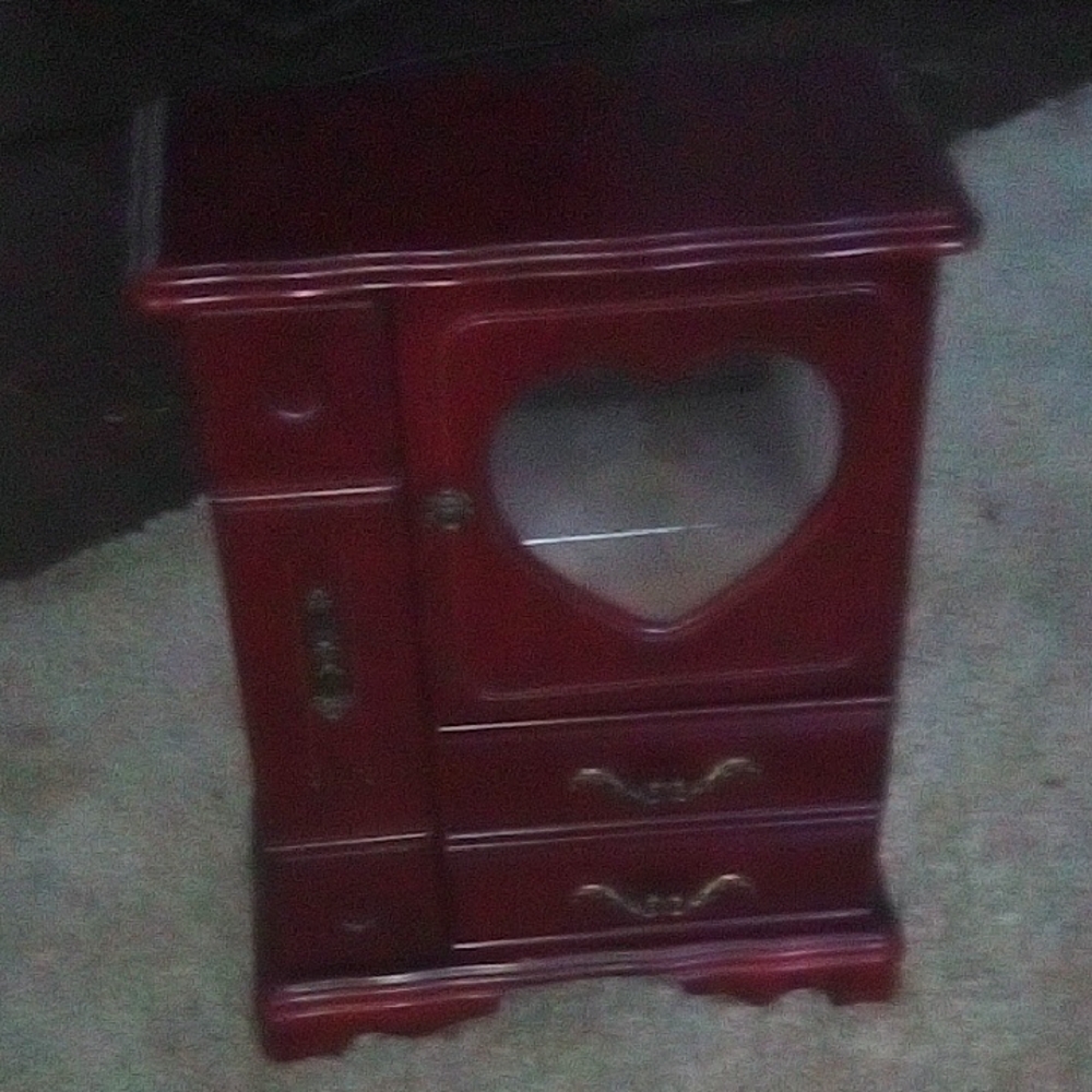 Red Wooden Jewelry Box with Heart Window